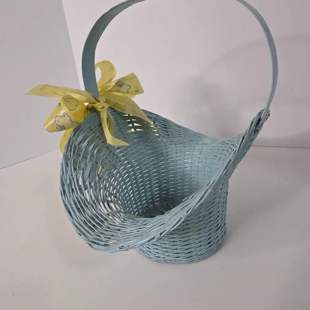Blue Wicker Easter Bonnet Basket Bunny Ribbon Cottagecore Spring Decor 7